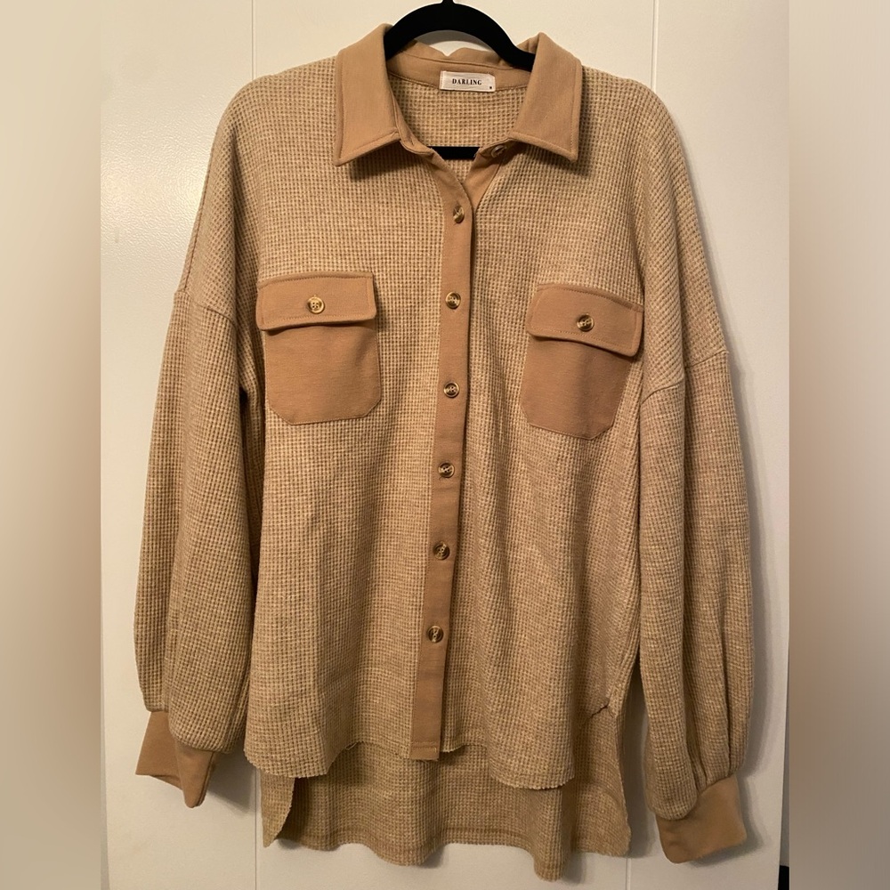 DARLING-  Tan Button-Up Waffle Shacket